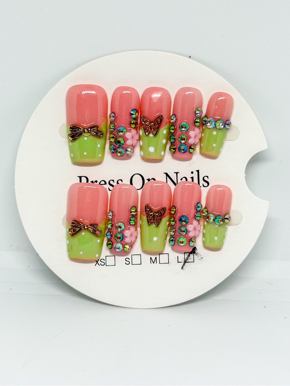Pink and Green Press On Nails with 3D Gems and Bows
